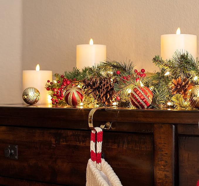 BIRDROCK HOME Christmas Stocking Mantel Hooks - Metal Fireplace Hanger with Non-Slip Pads - Holds Up to 10 lbs - Ideal for Hanging Stockings, Garland & Holiday Decor - 4 Pack, Scroll Design (Gold)