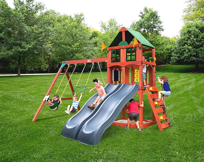 Gorilla Playsets 01-1057-GREY Playmaker Deluxe Wooden Swing Set with Dual Gray Wave Slides, Vinyl Canopy Roof, Swings, and Rock Climbing Wall, Redwood Stained Cedar (Amazon Exclusive)