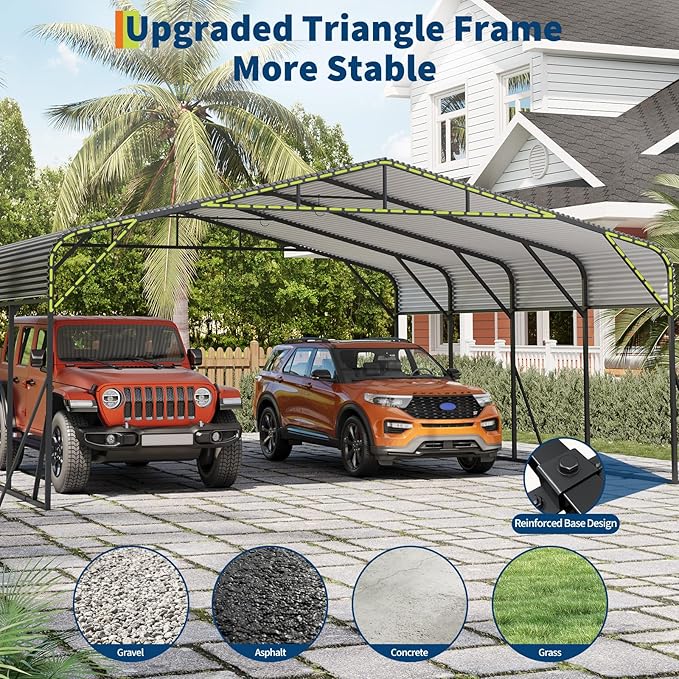Metal Carport, 20x20 FT Outdoor Carport Canopy with Reinforced Base and Galvanized Steel Roof, Heavy Duty Garage Car Shelter Shade for SUV, Truck, Boats