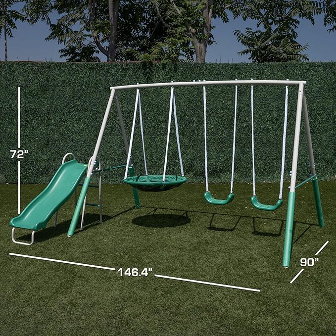 Sportspower Northridge Metal Swing Set, 500 lb Capacity, 32" Saucer, 2 Blow-Molded Swings & 5ft Slide, Durable 6ft Frame, Outdoor Backyard Playset for Kids Aged 3–8