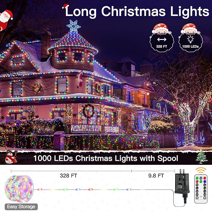 Christmas Lights Outdoor 1000LED 328FT, Multicolor Fairy Lights IP67 Waterproof, Plug in String Light with Remote 8 Modes Timer, Xmas Light for Outside Indoor House Tree Decorations