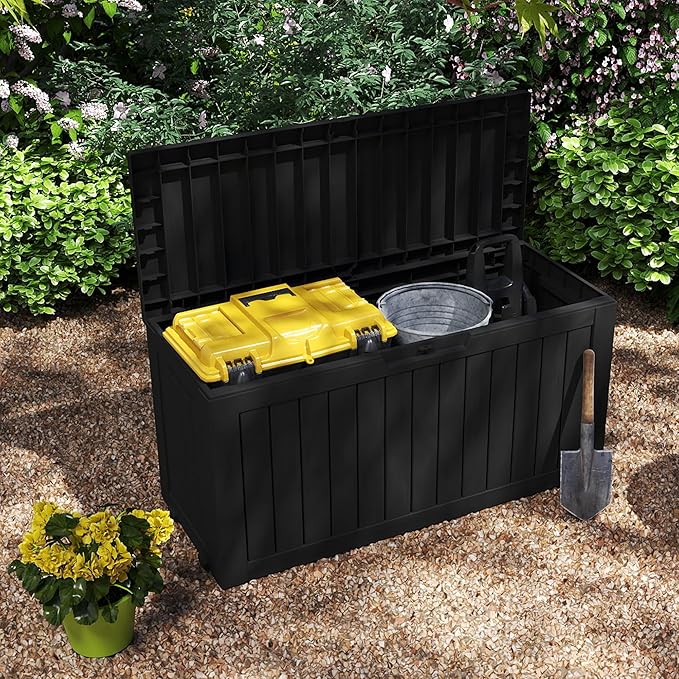 Mersco 72 Gallon Double-Wall Resin Deck Box - Lockable Waterproof Outdoor Storage Box, 515lbs Capacity & Doubles as Seating for Patio Furniture - Garden Tools, Pool Accessories (Black)