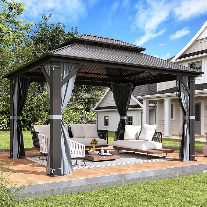 10 X 12ft Hardtop Gazebo, Galvanized Steel Double Roof Gazebo with Nettings and Curtains, Outdoor Aluminum FrameVertical Stripes Roof Permanent Pavilion for Patio, Backyard, Lawns