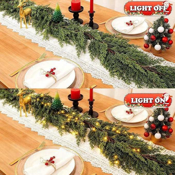 Christmas Cedar Garland with Light Mantle Decor 6ft Realistic Lighted Faux Pine Garlands for Home Decoration Indoor Stairs Railing Fireplace Outdoor 2pcs
