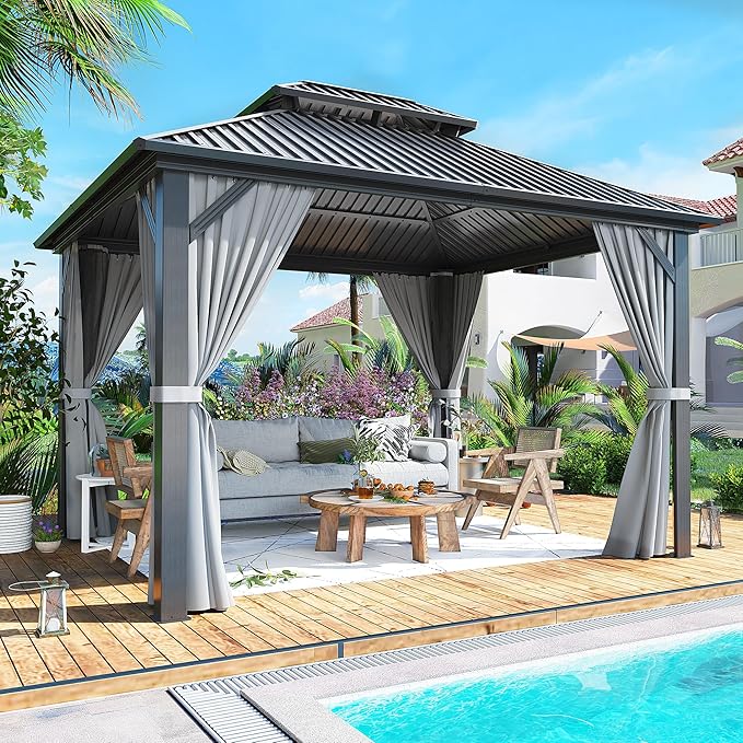 10x12 FT Gazebo Hardtop Gazebo, Aluminum Pergola with Double Galvanized Steel Roof, Curtains and Netting Included, Outdoor Gazebos Canopy for Patio, Backyard, Deck, Lawn,Grey