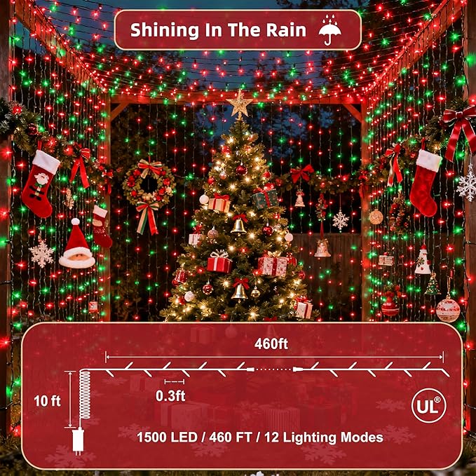 470ft Outdoor Christmas Lights, 1500 LED Super Long String Lights 12 Modes & Timer Memory,Dimmable Outsite Waterproof Light Strings for Xmas Tree Garden Wedding Party Holiday Decorations Red &Green