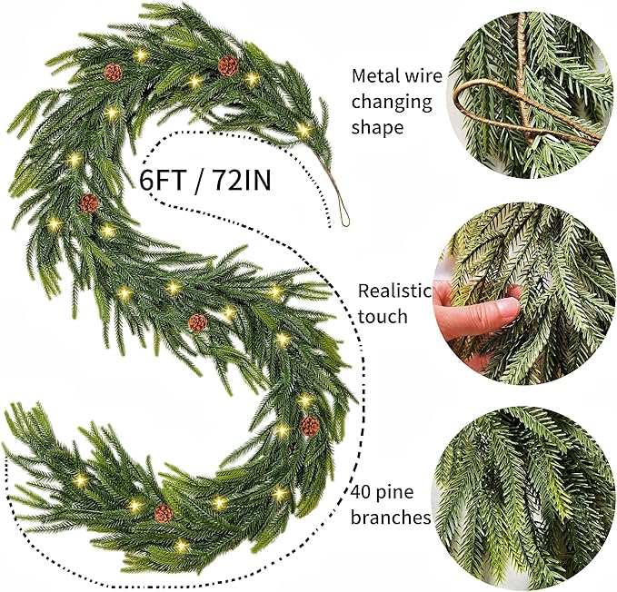 6 Ft Norfolk Pine Garland, Christmas Garland with Lights Automatic ON/Off, Christmas Decorations Indoor Outdoor, Real Touch Artificial Cedar Garland for Table, Fireplace, Mantle, Wall