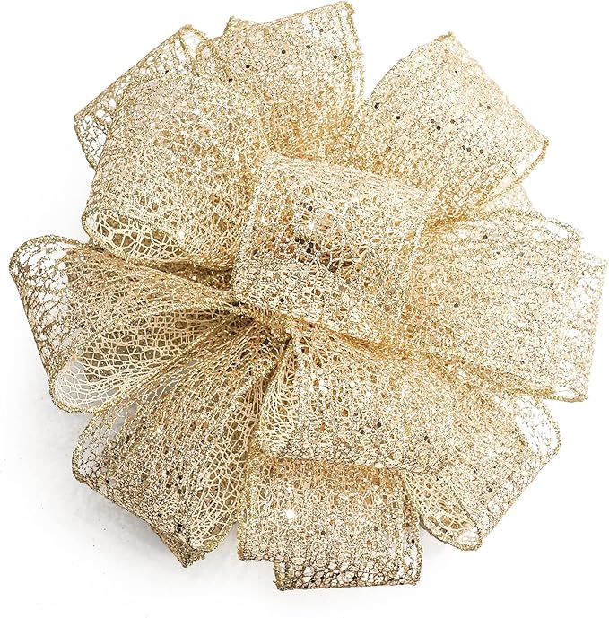 CT CRAFT LLC Champagne Gold Glitter Mesh Christmas Tree Topper Bow 11" with 4 Ribbon Streamers x 3 Yards Long Each for Holidy Elegant Fancy Home Décor Indoor