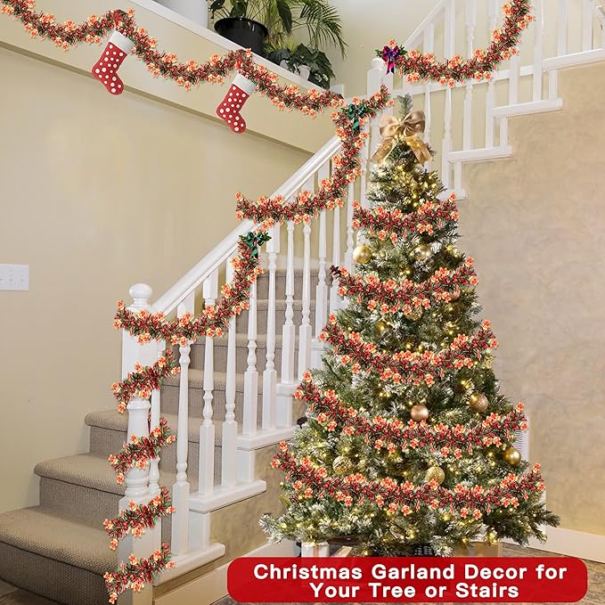 50FT Red Green Christmas Tinsel Garland with Gingerbread Man Ornaments, Metallic Xmas Christmas Tree Garland Decorations Indoor Outdoor for Home Fireplace Mantle Stair Office Class Party Holiday Decor