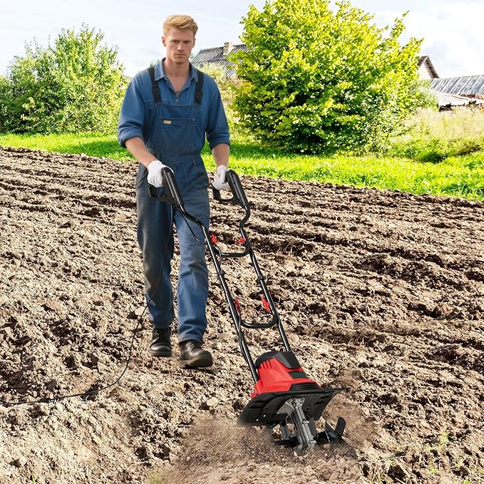 Goplus Corded Electric Tiller Cultivator, 10 Amp Powerful Foldable Garden Rototiller w/ 14 Inch Tilling Width & 9 Inch Working Depth, Safety Lock, Gardening Machine for Lawn Soil Digging