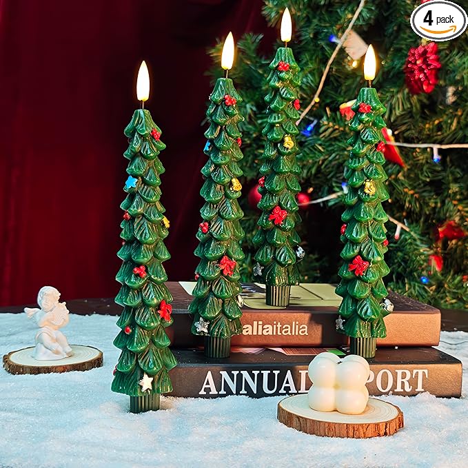 BOSONER Christmas Tree Candles for Home: 4 Pcs Flameless Taper Candle Lights Battery Operated with Remote and Timer - Christmas Decorations for Dining Table & Fireplace