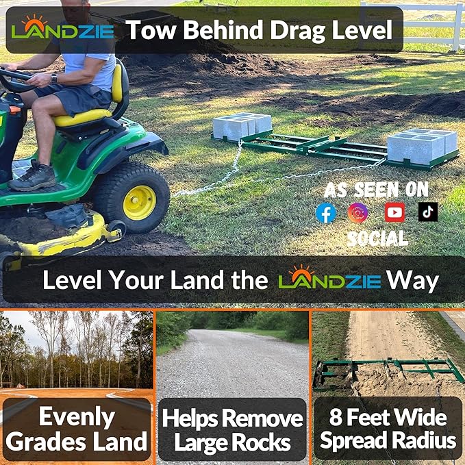 LANDZIE - The Original 8FT Drag Harrow Driveway Grader, 64 LB Heavy Duty Tow Behind Lawn and Landscape Rake, Gravel Driveway Drag, Power Rake , Lawn Leveler