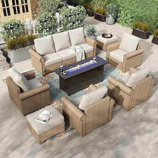 HERA'S HOUSE 8 Pieces Patio Furniture Set, All Weather 9 Seats Outdoor Wicker Sofa with Ottomans, Rattan Patio Conversation Set with 5.5" Cushions and 57" Fire Pit Table, Beige