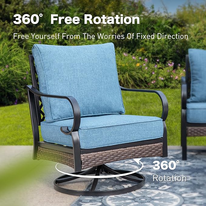 5 Piece Metal Outdoor Patio Furniture Sets with Firepit Table, Patio Conversation Sets 1 3-Seater Sofa, 1 Loveseat, 2 Swivel Chair with 5.75" Cushion for Backyard Deck, Denim Blue