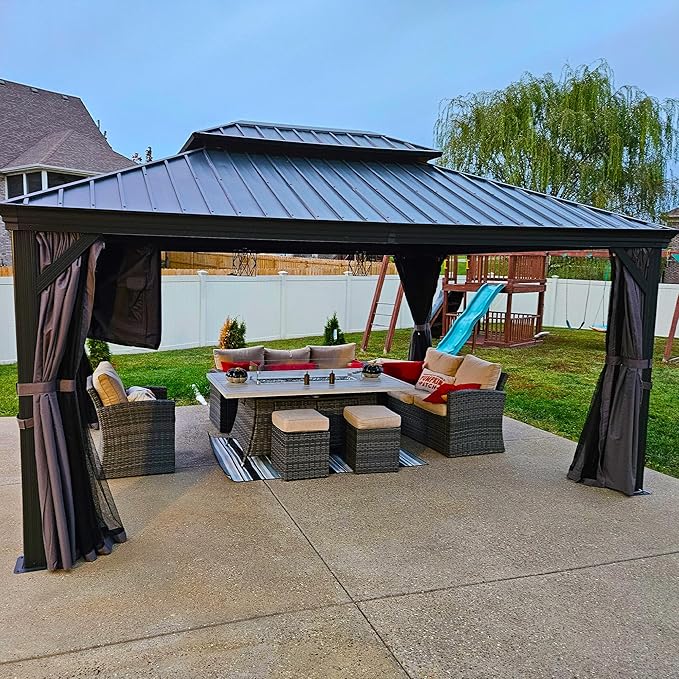 PURPLE LEAF 12' X 16' Permanent Hardtop Gazebo Aluminum Gazebo with Galvanized Steel Double Roof for Patio Lawn and Garden, Curtains and Netting Included, Grey