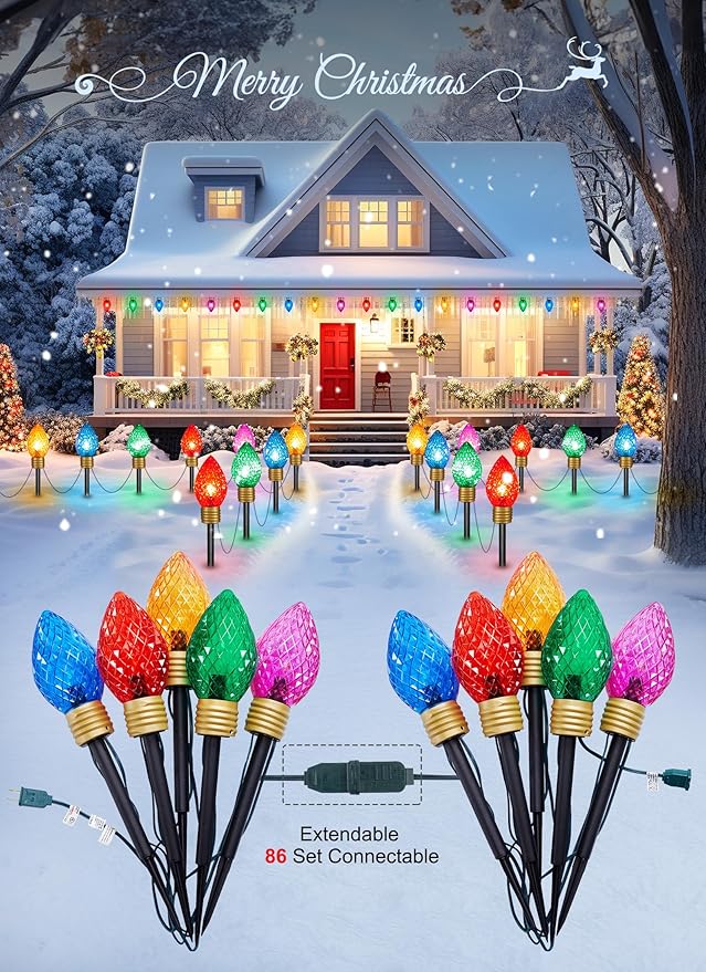 2 Pack Jumbo C9 Christmas Pathway Lights Outdoor - 10.5 Feet 5 Lights Strawberry C9 Walkway Lights, C7 Light Covered Jumbo Multicolor Light Bulb Outdoor Decorations for Lawn Garden Outside