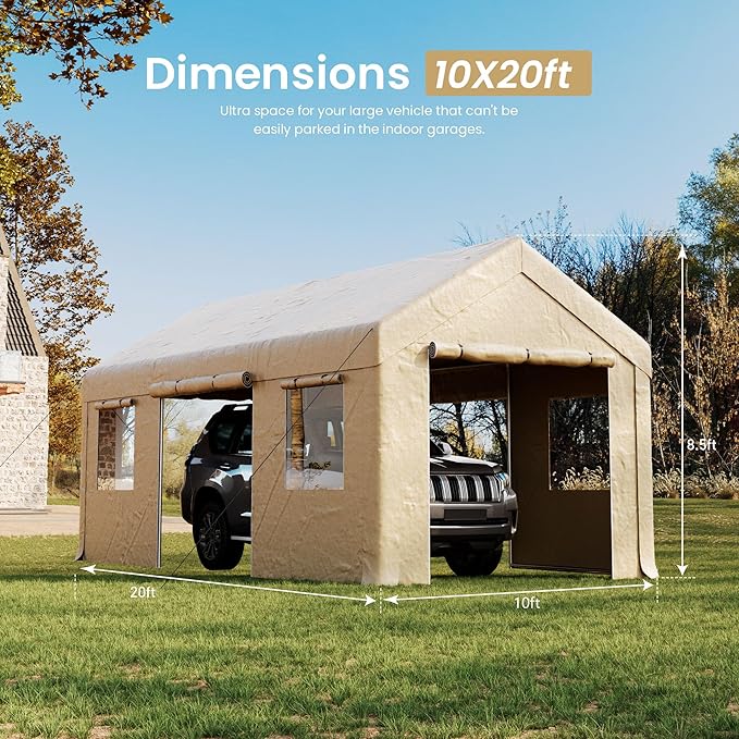 10x20ft Heavy Duty Carport, Reinforced Frame, Weatherproof Canopy with Roll-up Ventilated Windows & Sidewalls, Easy Assembly Portable Car Shelter for Garage/Storage/Party