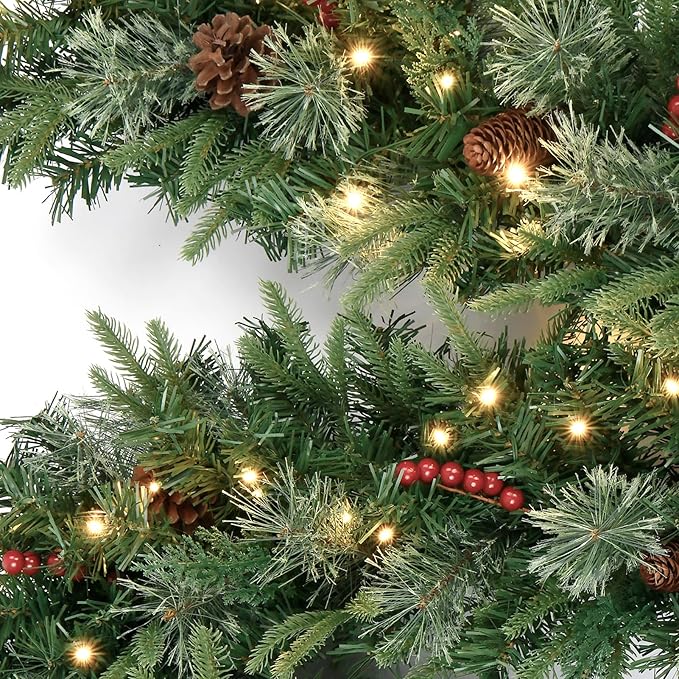 9FT Pre-Lit Artificial Christmas Garland with Dual Color LED Lights and Timer by Remote Control and Batteries Operated, Holiday Decorations, for Indoor Door Home Stairs Fireplaces Wall