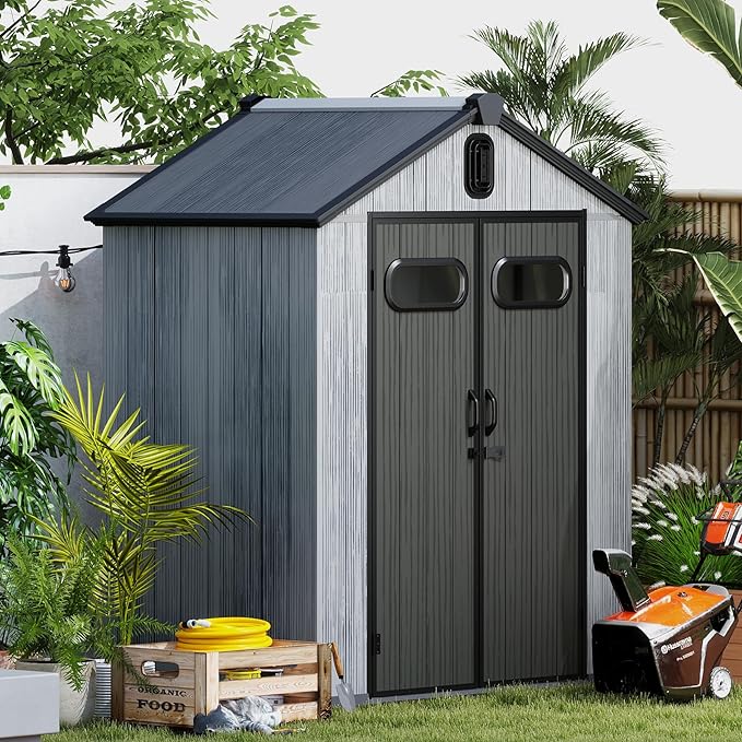 6X4FT Outdoor Resin Storage Shed, Waterproof Plastic Garden Shed with Lockable Door, Windows & Vents, Outside Storage Tool Shed for Patio Furniture, Lawn Mower, Bike