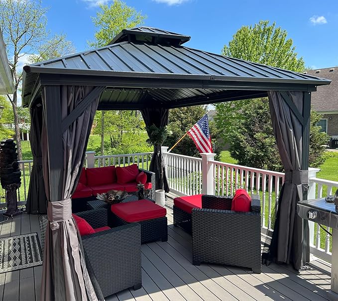 Domi 10' x 12' Hardtop Gazebo Permanent Metal Gazebo with Galvanized Steel Double Roof, Curtains and Netting for Patio, Backyard, Deck, Lawn, Gray