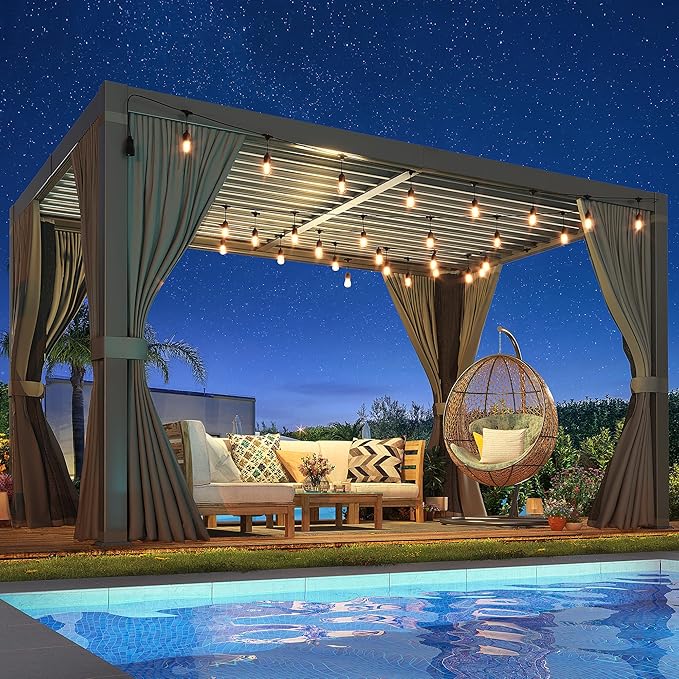 Pergola 10x12 Ft Louvered Pergola, Aluminum Outdoor Pergolas W/Adjustable Roof, Waterproof Curtains and Nets. Outdoor Gazebo for Deck,Patio,Backyard and Garden
