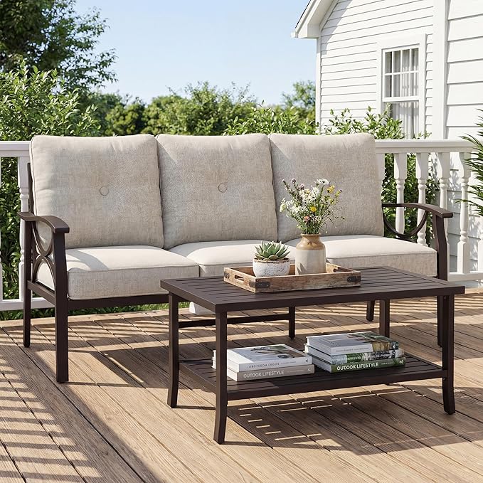 3 Seats Outdoor Patio Furniture Set, Outdoor Metal Sectional Furniture with Cushions, Outdoor Conversation Set with Coffee Table for Garden, Deck, Balcony, Backyard, Khaki