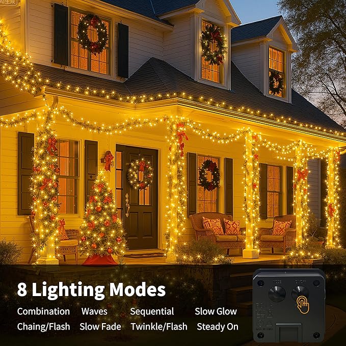 Solar String Lights Outside, 4Pack 480 LED Christmas Lights, 160FT Solar Twinkle Light with 8 Modes Waterproof Outdoor for Christmas Tree Halloween Wedding Garden Patio Yard Decorations(Warm White)