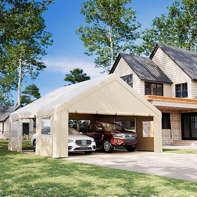 20x20ft Heavy Duty Carport, Canopy with Roll-up Ventilated Windows & Side Door All Weather, Easy Assembly Portable Car Shelter for Garage/Storage/Party