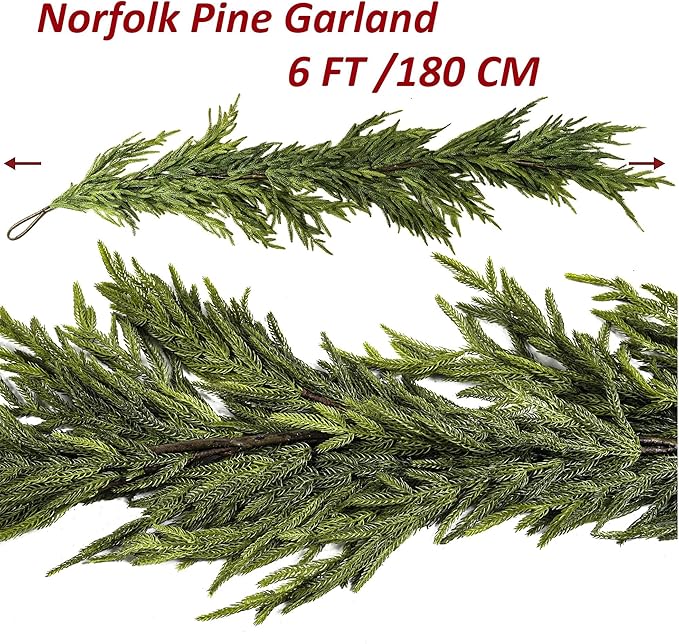 Norfolk Pine Garland 6ft Real Touch Realistic Christmas Pine Garland, Greenery Artificial Christmas Decorations for Table, Mantle, Wall (Norfolk Pine-2Pack, 1)