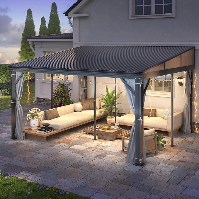 GARTOO 12' x 14' Lean to Hardtop Gazebo for Patio - Aluminum Frame Gazebos Pergola with Sloping Metal Roof, Outdoor Wall-Mounted Canopy Awnings to House for Patio, Garden, Lawn, Backyard Deck
