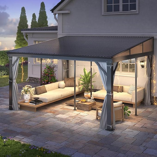 GARTOO 12' x 14' Lean to Hardtop Gazebo for Patio - Aluminum Frame Gazebos Pergola with Sloping Metal Roof, Outdoor Wall-Mounted Canopy Awnings to House for Patio, Garden, Lawn, Backyard Deck