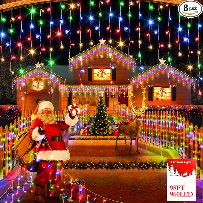 98FT 960 LED Christmas Lights, Waterproof 8 Modes Ice Lights for Outside with Memory and Timer Hanging Fairy Lights Plug-in Curtain String Lights for Holiday Party Wedding Home (Multicolor)