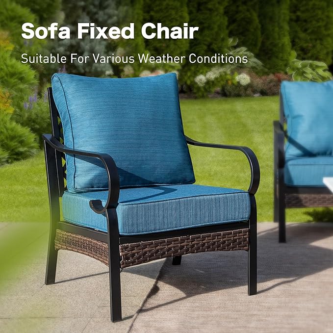 6 Piece Black Metal Outdoor Patio Furniture Sets with Firepit Table, Patio Conversation Sets 1 3-Seater Sofa, 4 Single Sofa with 5.75" Extra Cushion Backyard Furniture for Deck, Blue-2