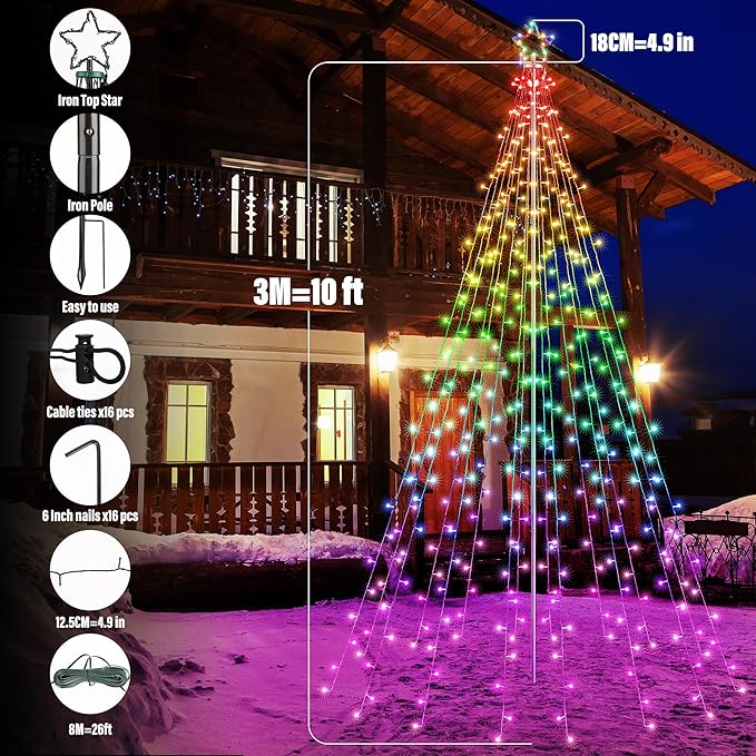 Flacchi Outdoor Star String Lights - Pole Set with Remote, Multiple Lighting Modes, Timer, and Waterproof Feature for Ultimate Holiday Decor (RGB, 10 FT/408LED)
