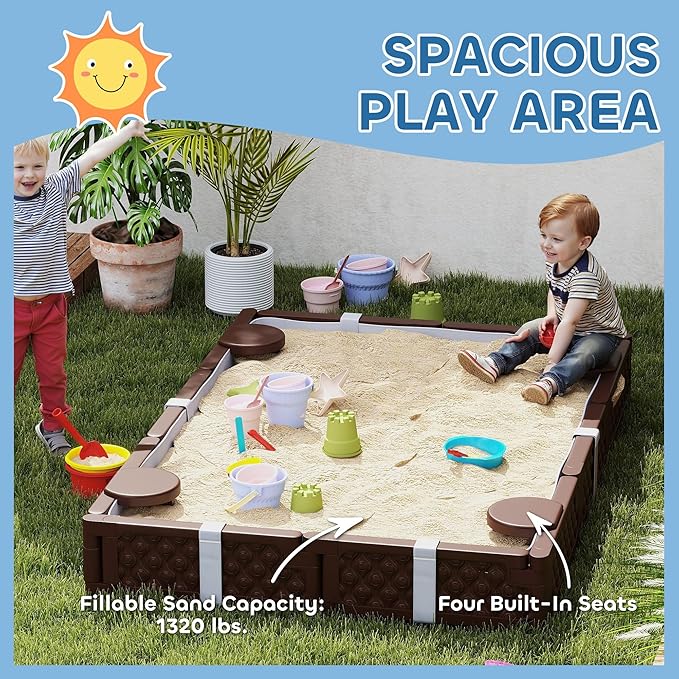 Qaba Kids Sandbox with Cover, Rectangular 73 HDPE Large Sand Pit with 4 Seats, Waterproof Bottom Liner, Weather Resistant Outdoor Sand Box for Backyard, Lawn, Garden, Beach, Patio, Brown