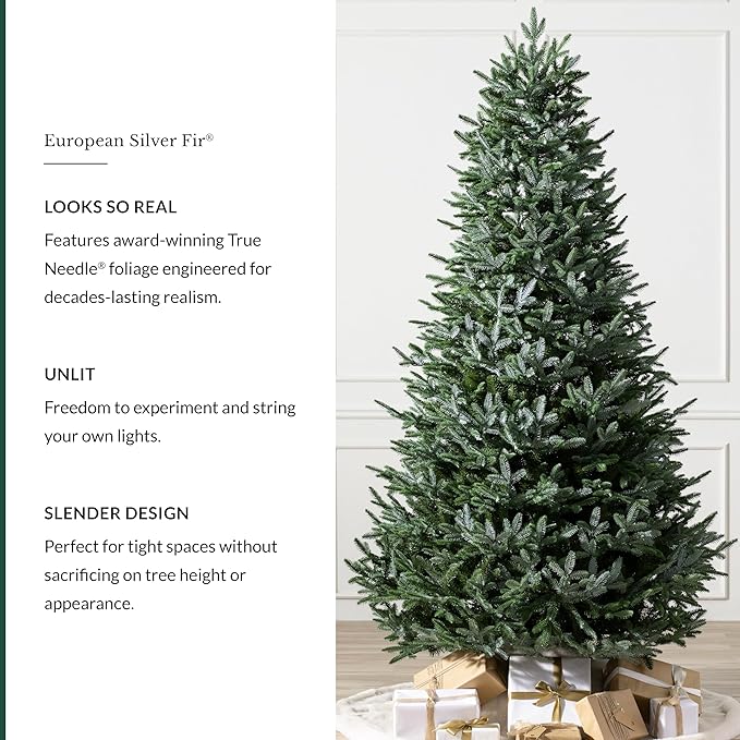 Balsam Hill European Silver Fir - Elegant Artificial Christmas Tree with True Needle Foliage Available Unlit or with LED Clear Lights, Unlit, 7'