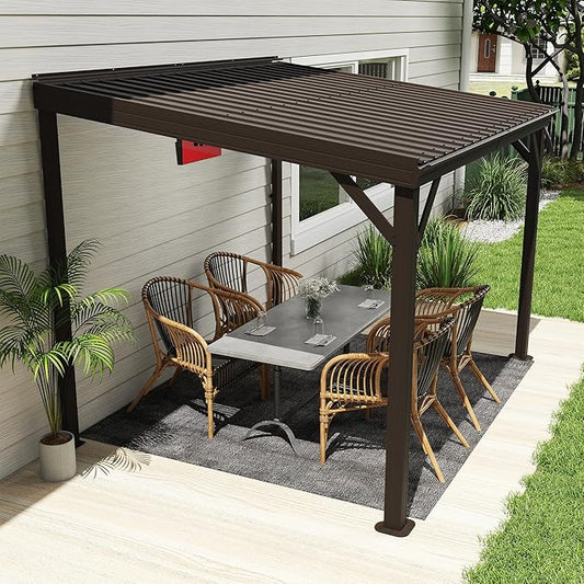 Domi 8'x10' Wall Mounted Hardtop Gazebo, Connectable Lean to Pergola with Gutters & Galvanized Steel Roof, 60MPH Wind Resistance, Outdoor Heavy Duty Metal Awning for Patio, Deck, Backyard - Brown