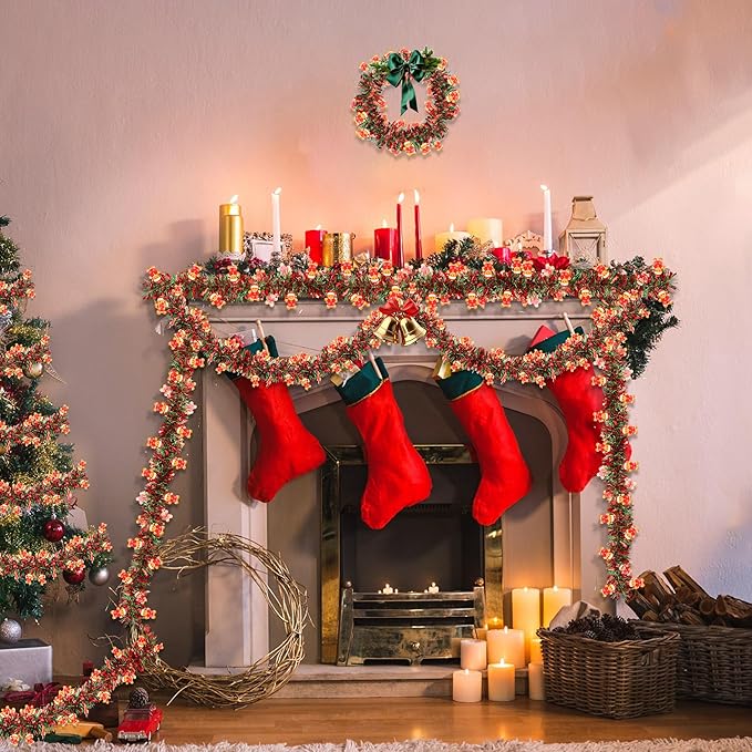 50FT Red Green Christmas Tinsel Garland with Gingerbread Man Ornaments, Metallic Xmas Christmas Tree Garland Decorations Indoor Outdoor for Home Fireplace Mantle Stair Office Class Party Holiday Decor