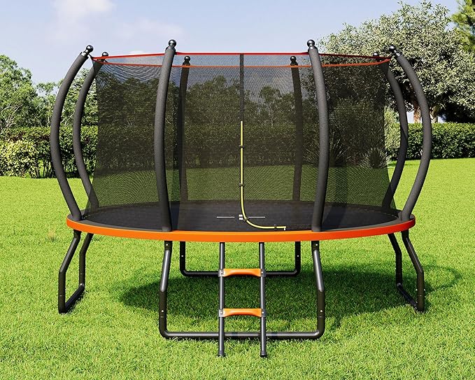 8FT 10FT 12FT 14FT 16FT Trampoline with Pop-up Quick Connector and Basketball Hoop, Trampoline Outdoor with Enclosure, Ladder, ASTM Approval for Kids and Adults