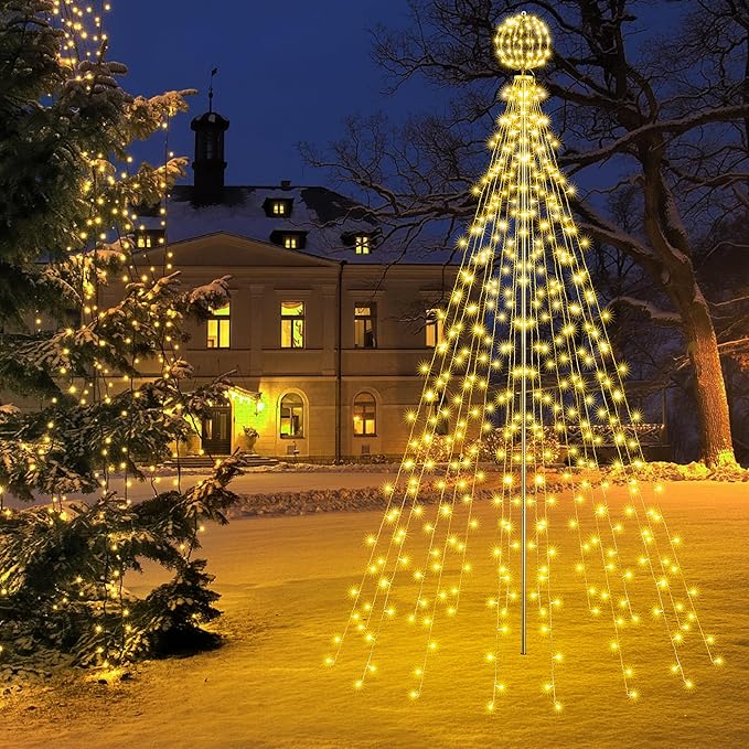 Flacchi 10 FT 432 LED Ball String Lights Outdoor - Pole Set with Remote, Multiple Lighting Modes, Timer, and Waterproof Feature for Ultimate Holiday Decor (Warm White & Multicolor)