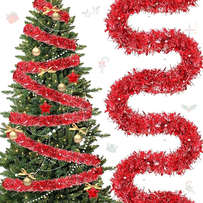177 Feet Christmas Tinsel Garland Metallic Shiny Hanging Christmas Tree Tinsel Garland Ornaments for Indoor Outdoor Party Wedding Holiday(Red)