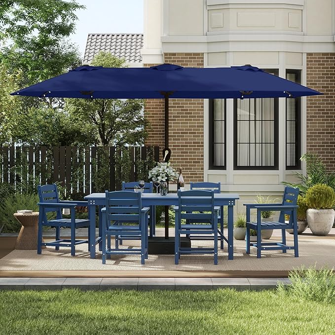 13FT Double-Sided Patio Umbrella with 48 Solar LED Lights, Large Rectangular Outdoor Market Umbrella with Crank Handle, Vented Canopy, Heavy-Duty 12 Rib Steel Frame, for Backyard, Garden, Pool, Navy