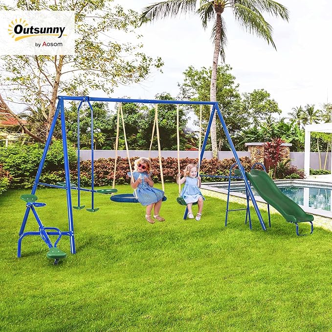 Outsunny Swing Set for Backyard, 5 in 1 Heavy-Duty A-Frame Stand Outdoor Playset for Kids with 29.5 Saucer Swing, Slide, Seesaw, Glider, Swing Seat, Blue