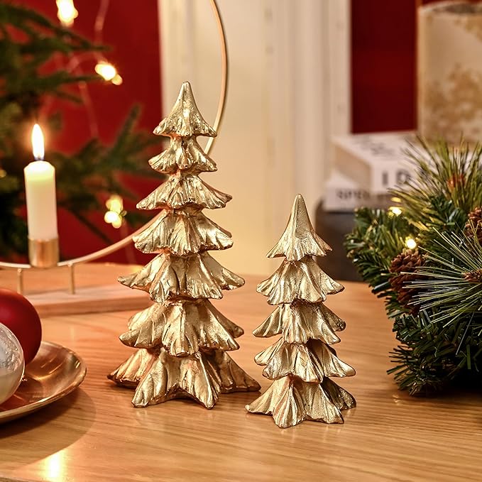 Gold Christmas Tree Figurines, Small Resin Christmas Trees Home Decor, Tabletop Tree Set of 2, Decorative Xmas Trees for Christmas Decorations Indoor Mantle Centerpieces