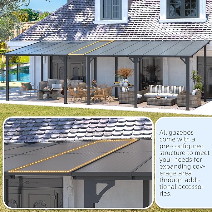AECOJOY 16' x 10' Gazebo Outdoor Pergola for Patio, Large Wall-Mounted Hard Top 10x16 Lean to Metal Gazebo Shelter Pergolas and Gazebos Clearance with Patio Roof, Heavy Duty Awnings for Patio, Decks