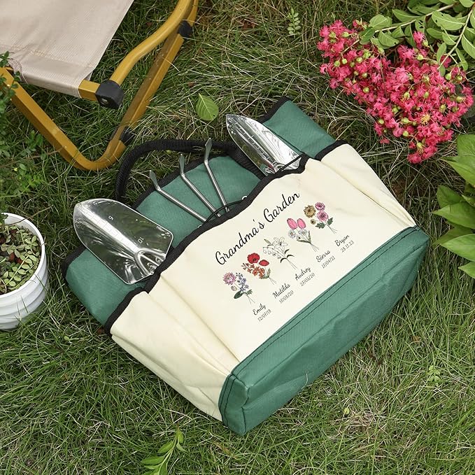 Personalized Garden Tools Set for Women: Custom Text Garden Tool Bag and Garden Shovel & Transplant Shovel & Hand Rake - Gardening Gifts for Mom Grandma Gardening Lover (5 Flowers)