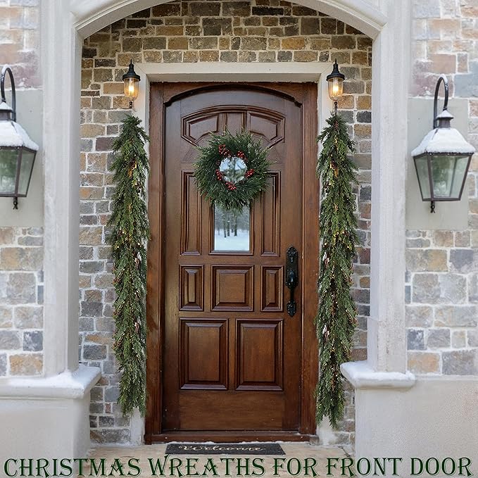Christmas Wreaths for Front Door - 24" Artificial Christmas Wreath - Real Touch Norfolk Pine Wreath for Door,Wall,Windows,Indoor Outdoor -Christmas Decorations -Holiday Decor -Free Battery LED Lights