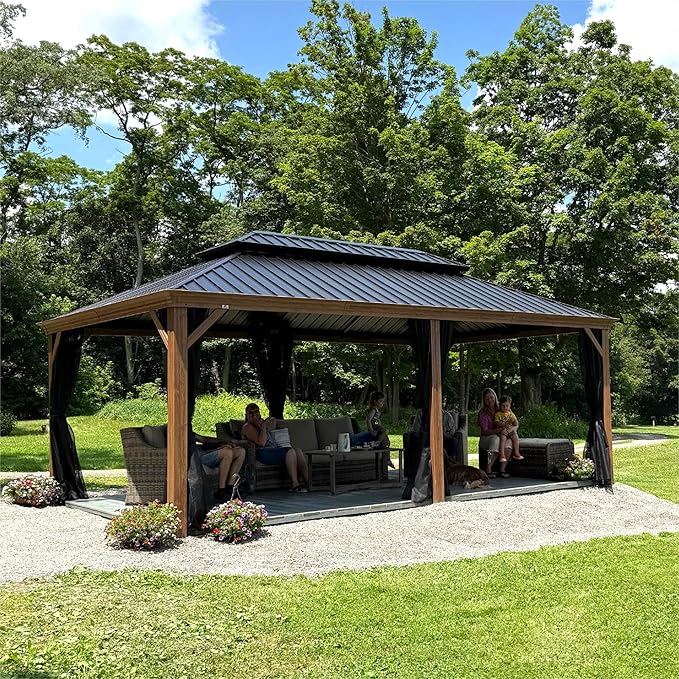 PURPLE LEAF 12' X 20' Outdoor Hardtop Gazebo for Patio Galvanized Steel Double Roof Permanent Canopy Teak Finish Coated Aluminum Frame Pavilion Gazebo with Netting