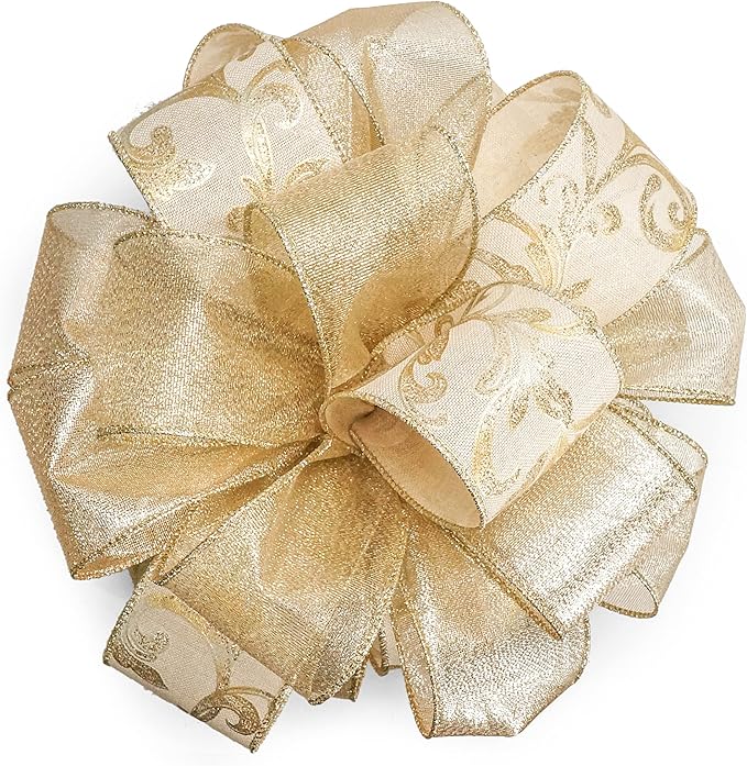 CT CRAFT LLC Champagne Gold Swirl Less Glitter Christmas Tree Topper Bow 11" with 4 Ribbon Streamers x 3 Yards Long Each for Holidy Elegant Fancy Home Décor Indoor
