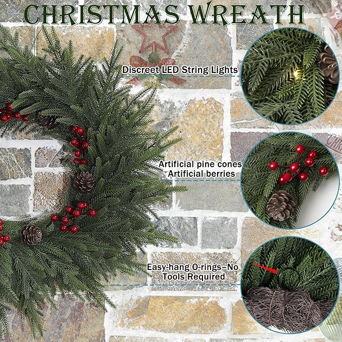 Christmas Wreaths for Front Door - 24" Artificial Christmas Wreath - Real Touch Norfolk Pine Wreath for Door,Wall,Windows,Indoor Outdoor -Christmas Decorations -Holiday Decor -Free Battery LED Lights